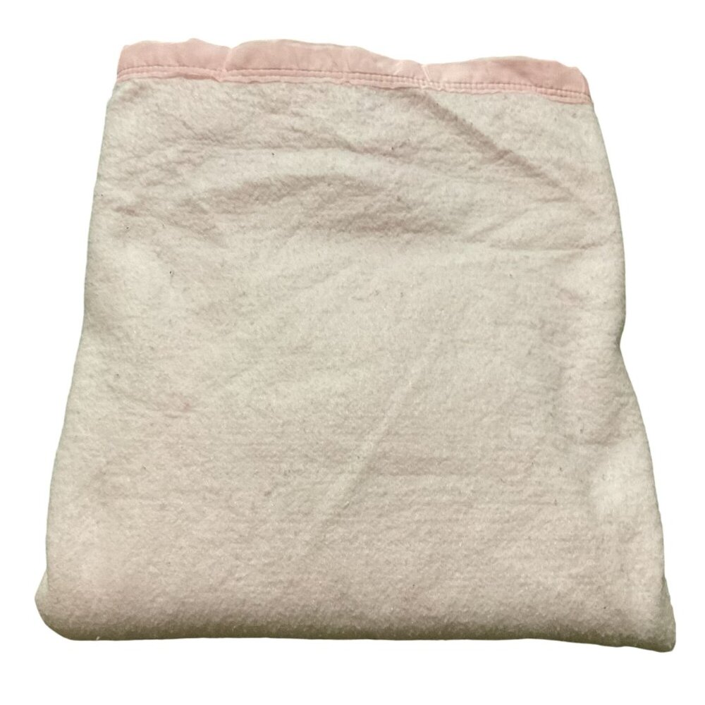 Vintage Pink Satin Trimmed Blanket Twin Size 100% Polyester USA Made 85" X 70"